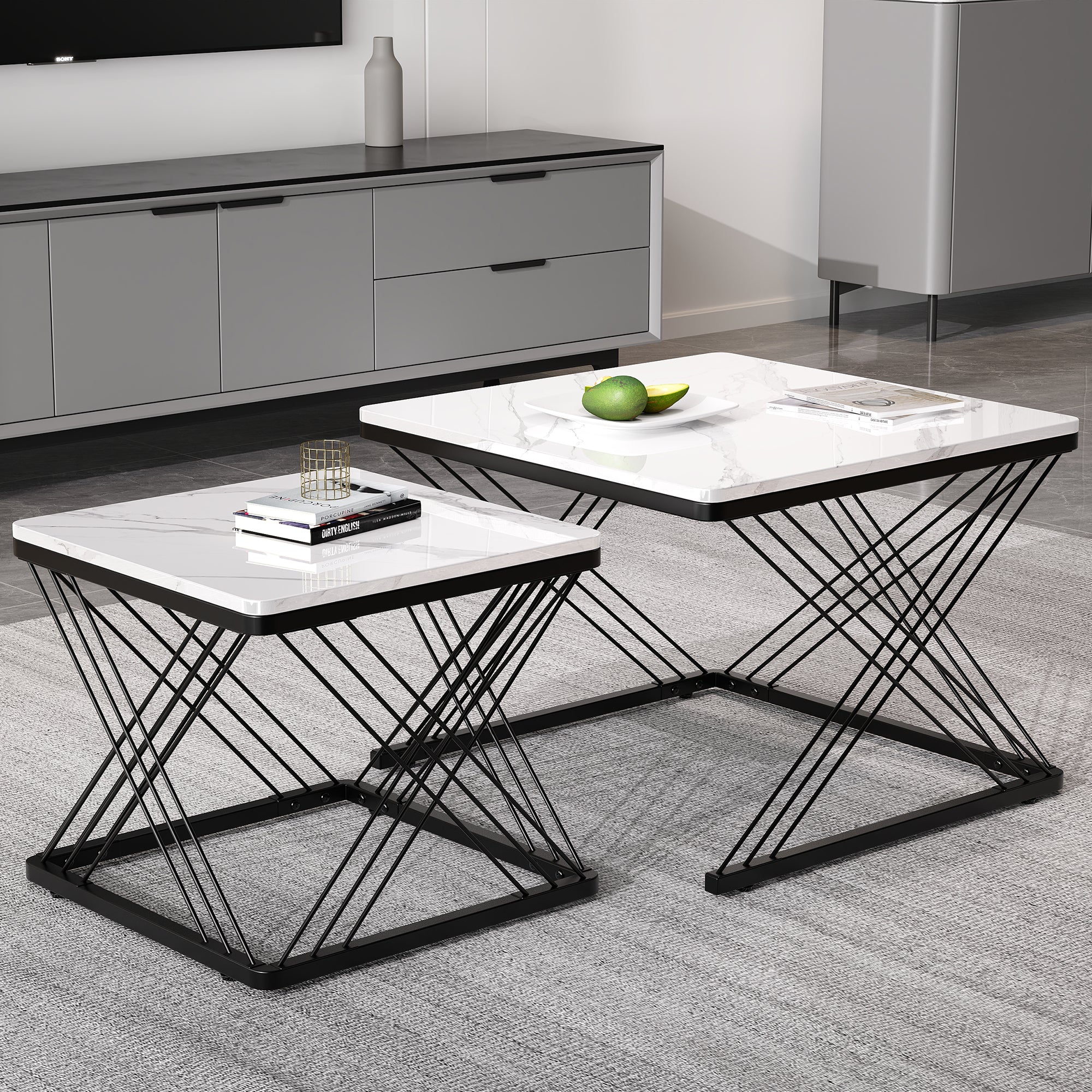 Stylish 2-piece Coffee Table Set, Square Tables In 60x60x45cm & 45X45X40cm, High-gloss Marble Look, Height-adjustable Feet, Loadable Up To 30kg, High-gloss Combi Coffee Table