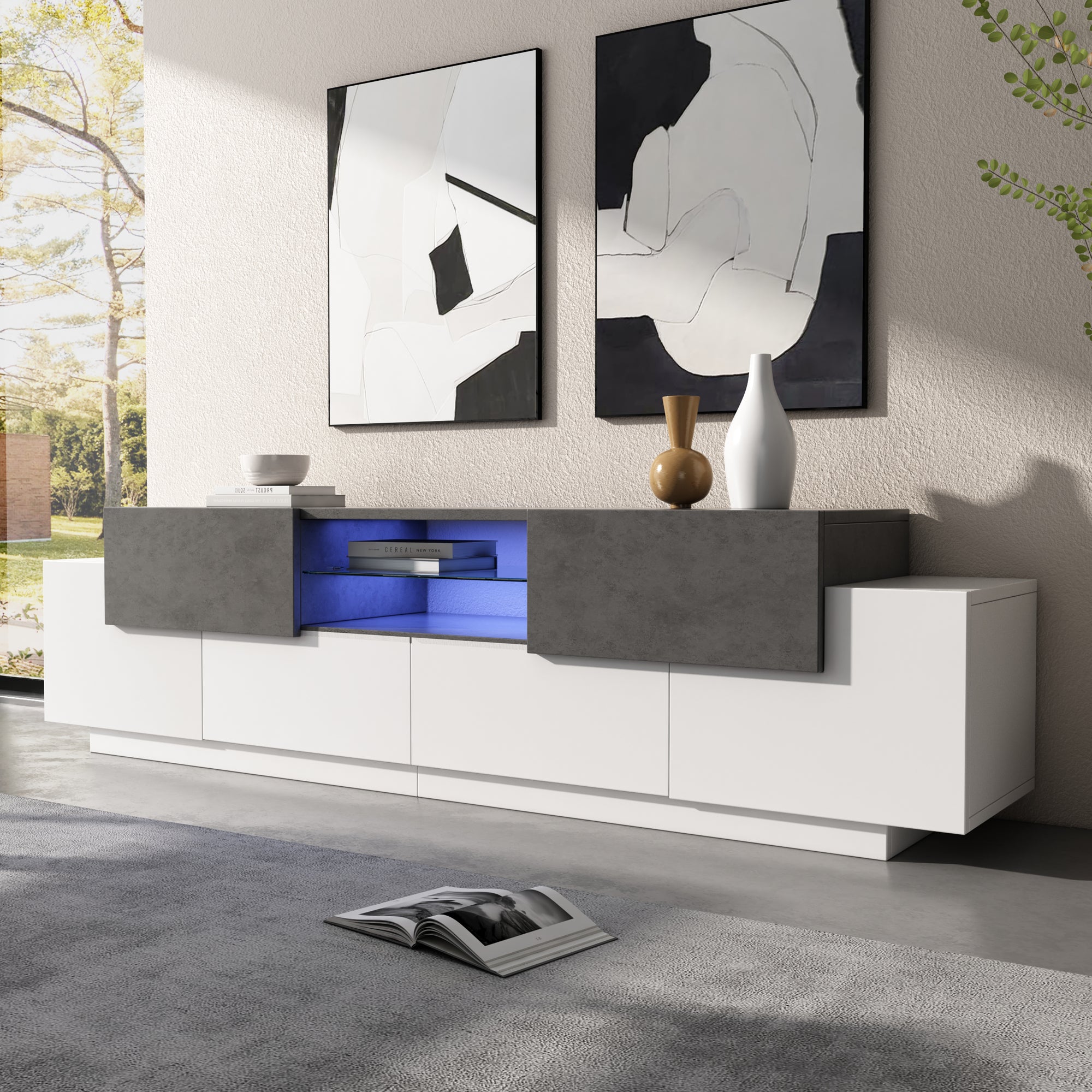 LED TV Cabinet, TV Dresser, Lowboard, Modern TV Entertainment Center With Glass Shelves For Living Room, Bedroom, TV Console With Storage, Gaming Media Cabinet For 80 75 70 65 55 Inch TVs White Gray