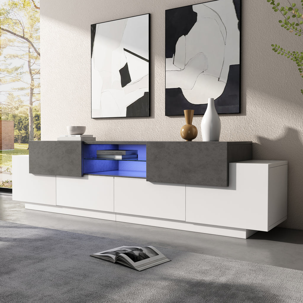 LED TV Cabinet, TV Dresser, Lowboard, Modern TV Entertainment Center With Glass Shelves For Living Room, Bedroom, TV Console With Storage, Gaming Media Cabinet For 80 75 70 65 55 Inch TVs White Gray