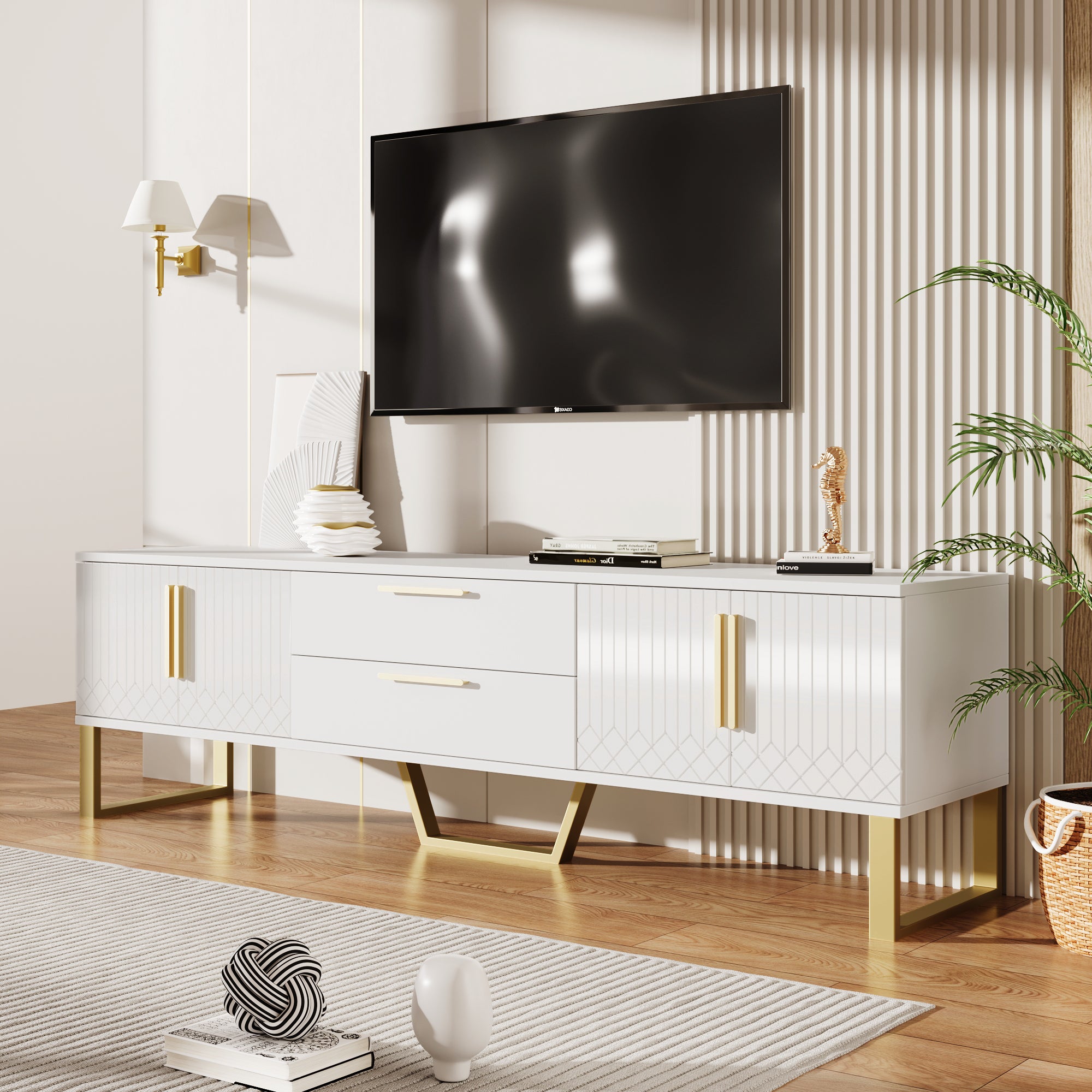 High-Gloss TV Stand Floor-Standing, Gold Handles And Legs, Door With Engraved Texture, Living Room Storage Solution A Perfect Blend Of Elegance, Luxury, And Functionality
