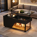 50 X 100 X 46cm Height Adjustable Living Room Coffee Table,Side Table With Hidden Storage,Openwork Coffee Table,High Gloss LED Sofa Table,Tea Table With Side Shelf,Black