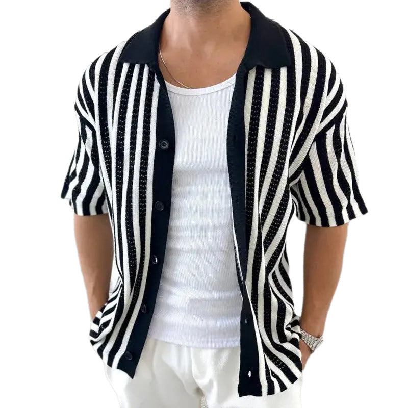 Mens Striped Colorblock Lapel Short-Sleeve Jacket