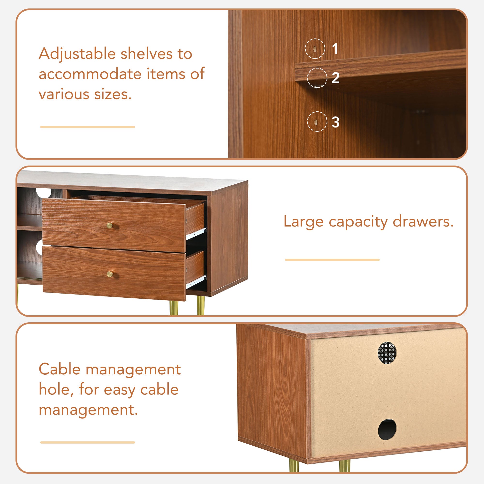 Stylish TV Stand With Rattan Sliding Doors And Practical Drawers, Walnut With Dark Plastic Rattan, 2 Drawers, 2 Rattan Sliding Doors, 4 Storage Compartments, 160x40x60cm.