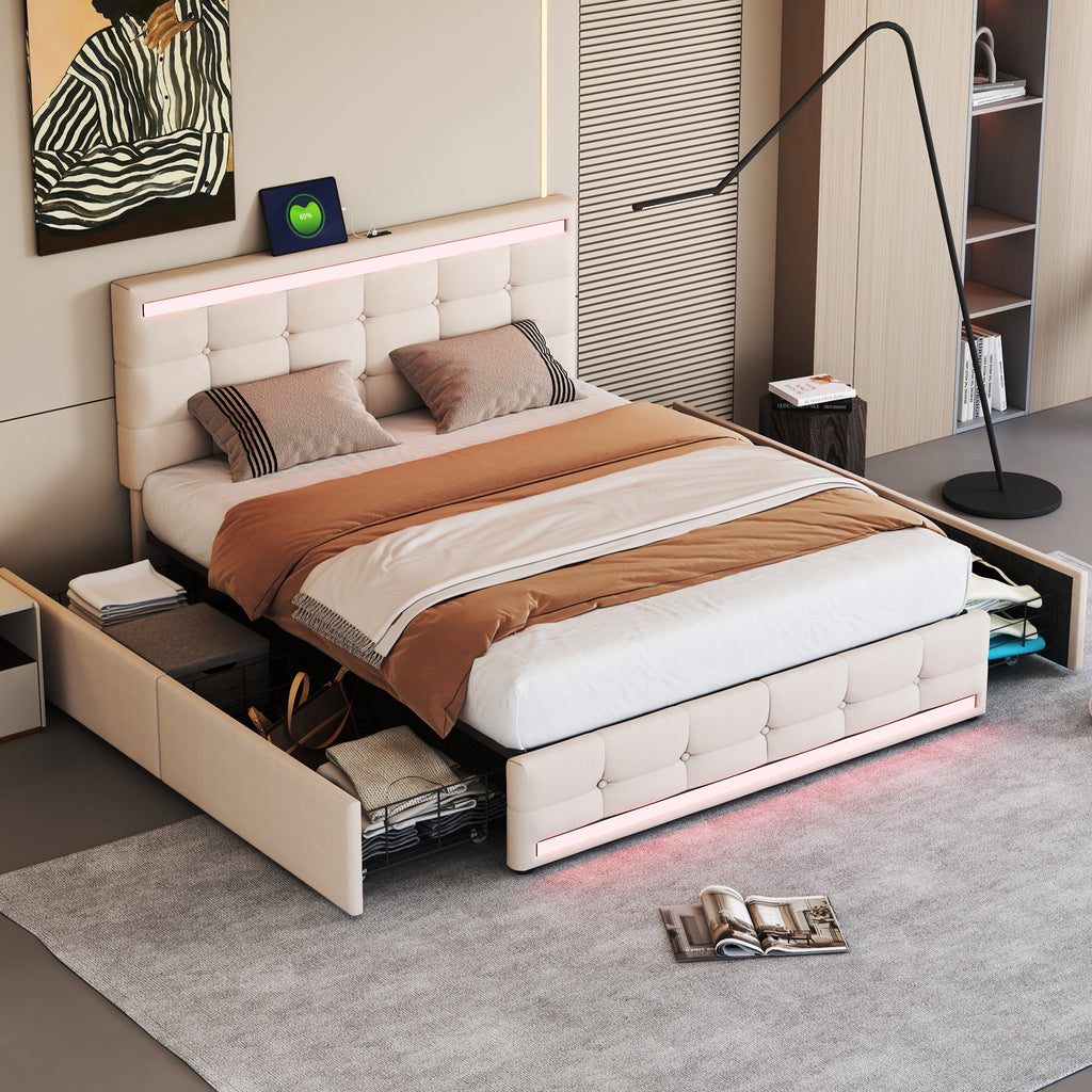 Upholstered Bed 140x 200 LED Upholstered Bed With 4 Drawers And 2 USB Charging Stations, Bed Frame With LED Head Part Foot Part, Upholstered Platform Bed With Storage Space, Linen Beige