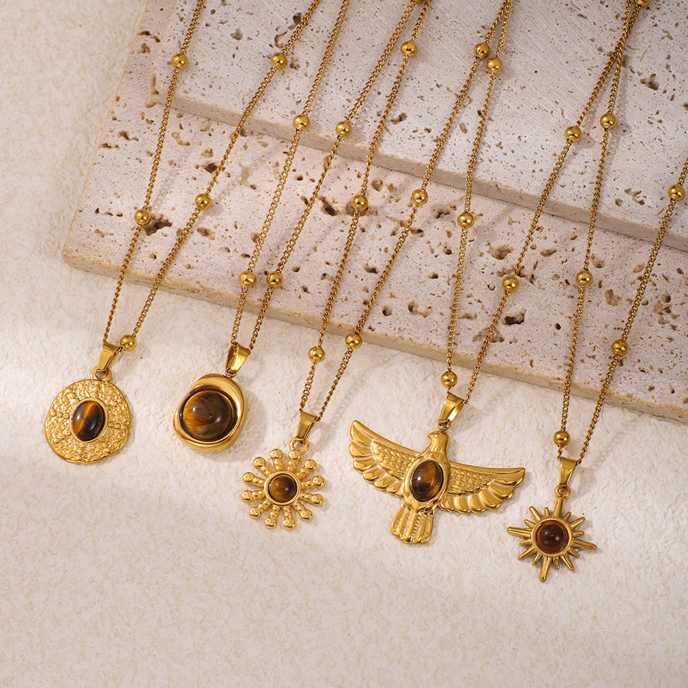 Stainless Steel Side-clamping Beaded Chain Paired With Stainless Steel Tiger's Eye Stone Pendant Necklace