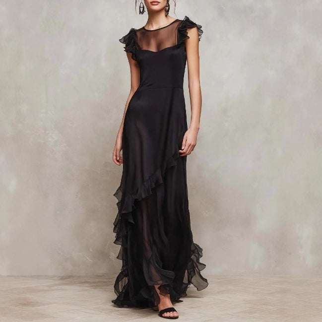 Womens Solid-color Sheer Flounce Asymmetric Long Dress