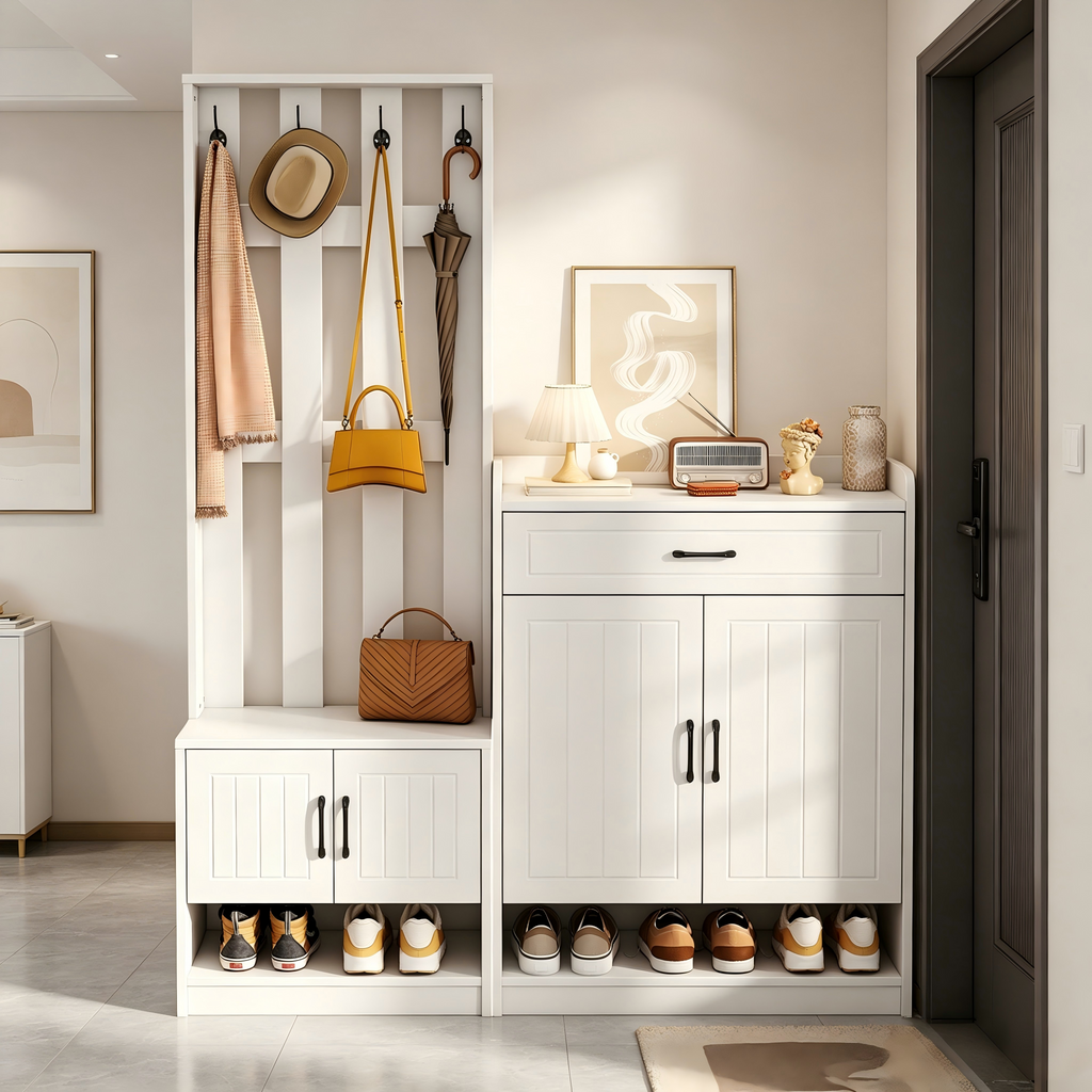White Coat Rack Set 140.6 X 32 X 180 Cm, Hallway Coat Rack Panel   Shoe Cabinets, Matt, Hallway Furniture, Hallway Drying Stand, Hallway Coat Rack, Shoe Changer Set