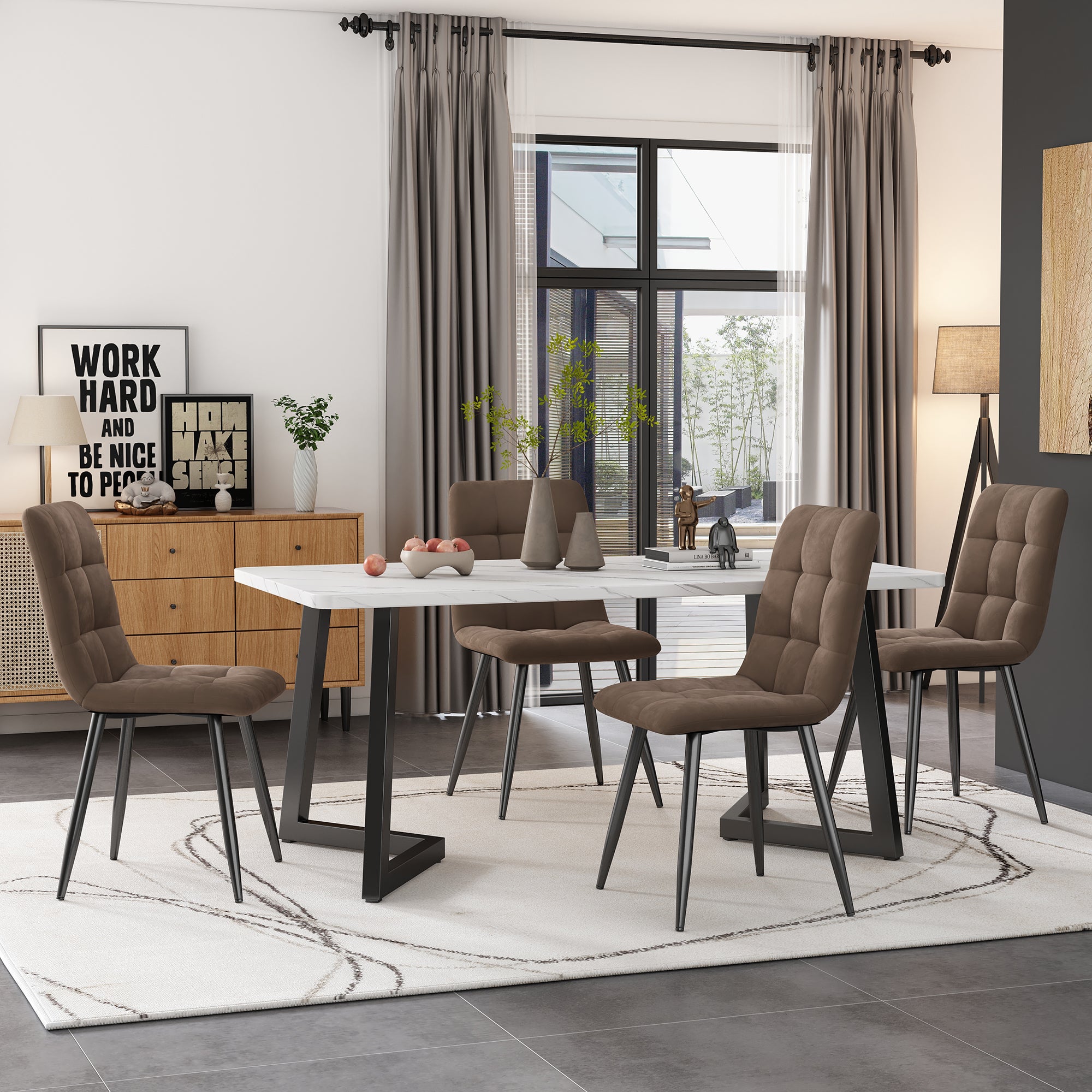 Dining Set, Set, 117x68cm Dining Table With 4 Chairs, Rectangular Dining Table, Modern Kitchen Table Set, Dining Chair Brown Velvet Kitchen Chair, Black Table Legs