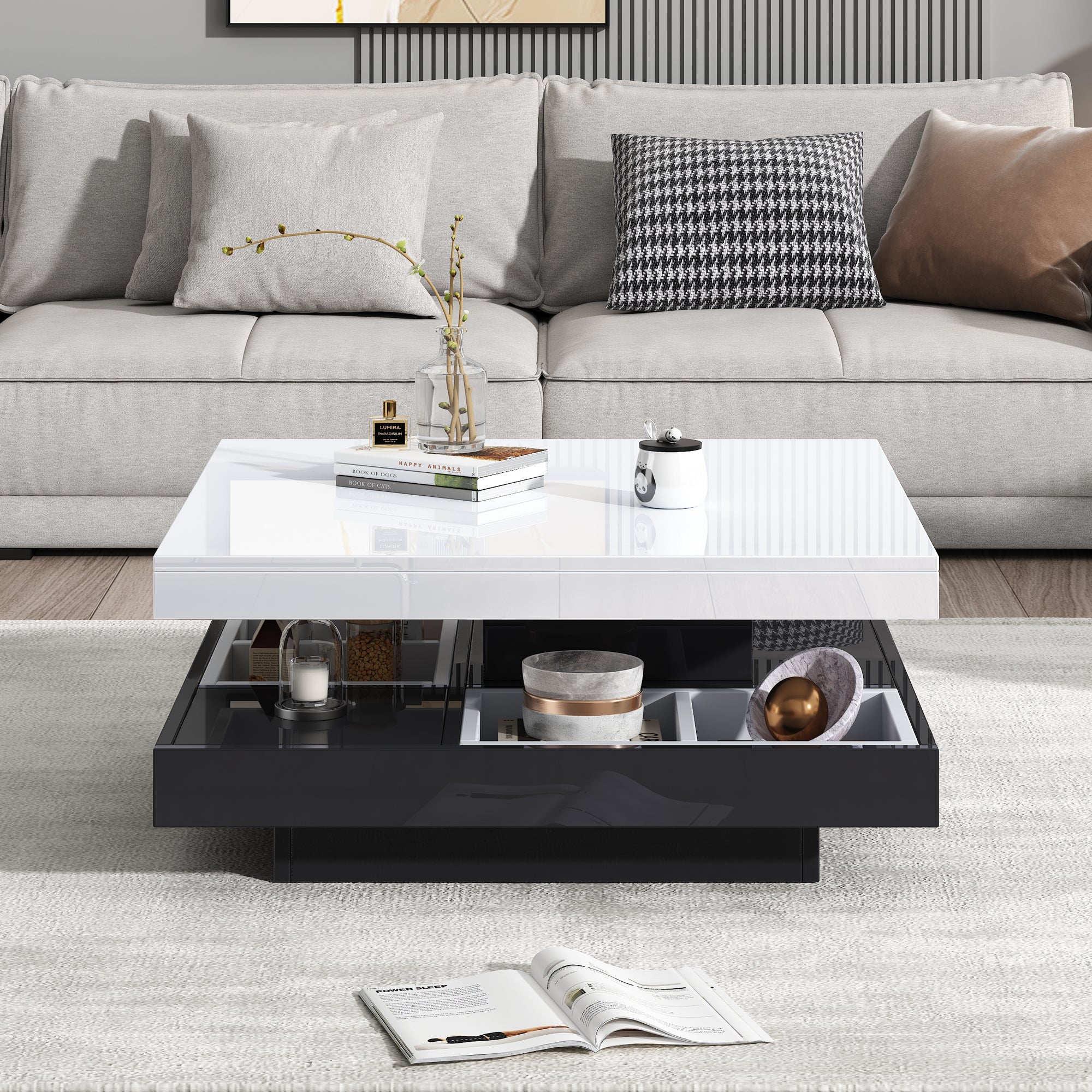 High-gloss Table Top Functional Coffee Table, Living Room Table, 360degree  Rotatable, 2-tier Swivel Table Top With Storage Compartment, White Living Room Table Top, Black Base 70x70x36 Cm