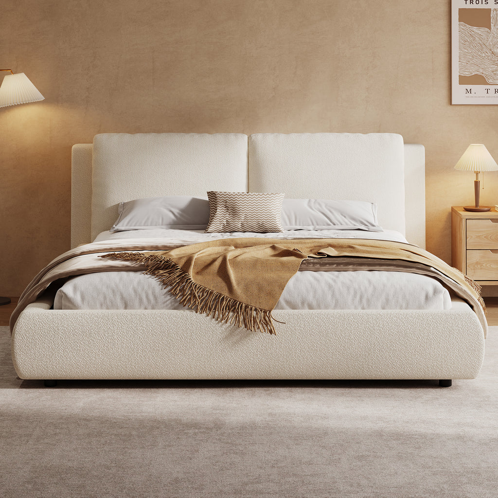 Upholstered Bed, Double Bed, 180x200cm, Bed With Slatted Base And Upholstered Headboard, Beige Boucle