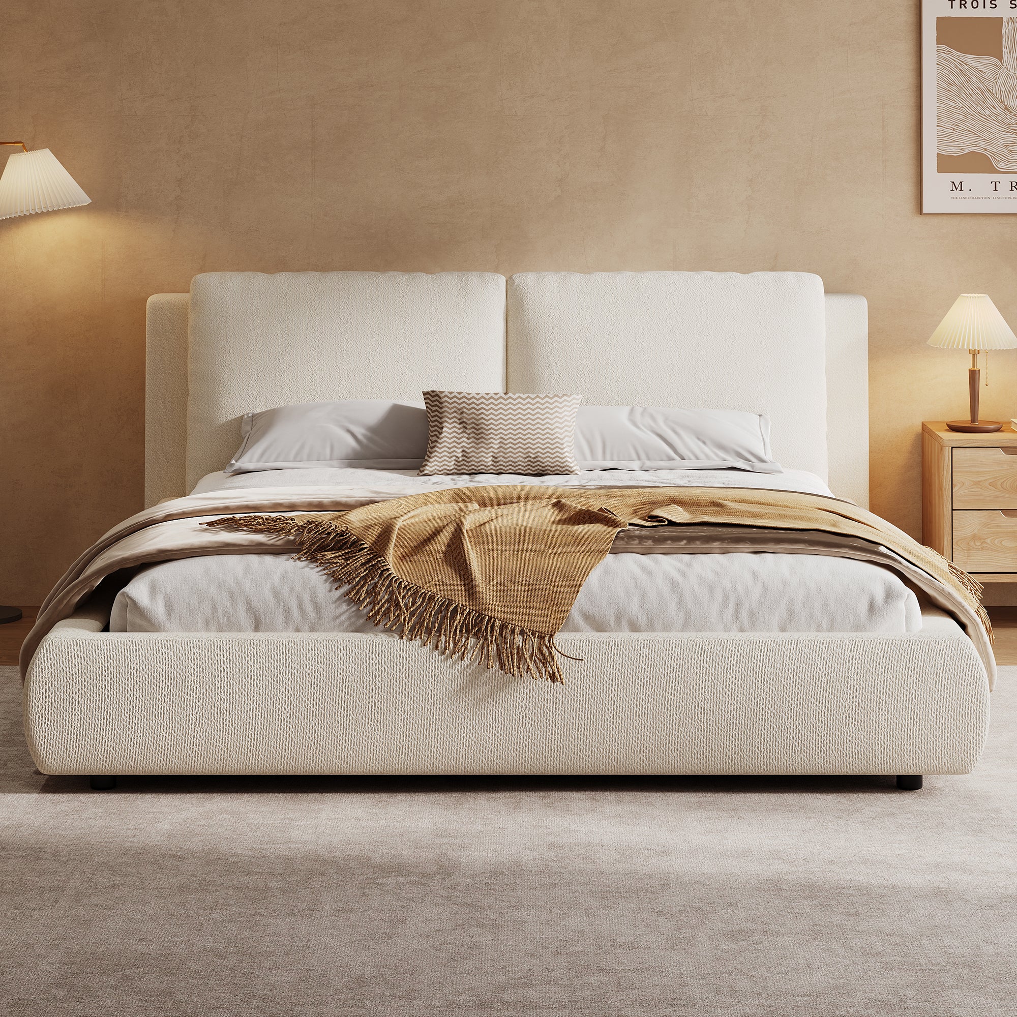 Upholstered Bed, Double Bed, 160x200cm, Hydraulic Functional Bed, Bed With Slatted Base, Headboard And Large Storage Space, Upholstered Headboard, Beige Boucle