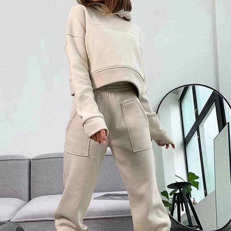 New Women's Sporty Casual Pocket Thickened Hooded Sweater Set