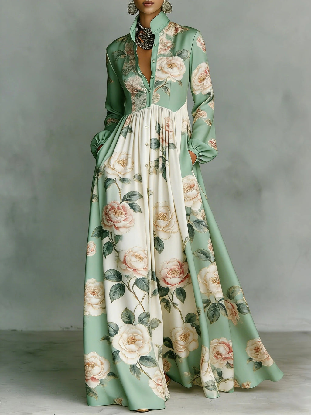 Womens Retro Casual Waist-Cinching Printed Dress