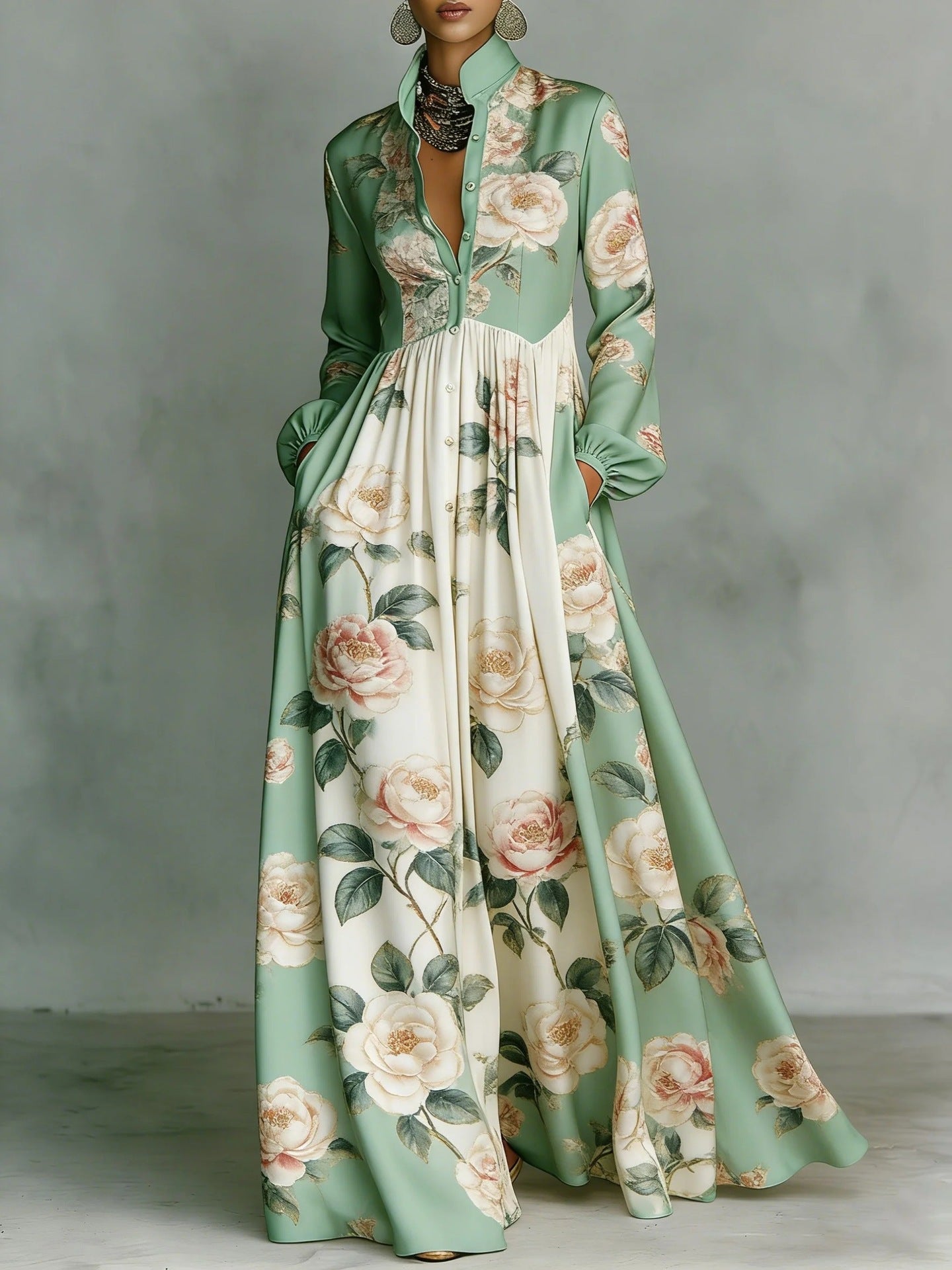 Womens Retro Casual Waist-Cinching Printed Dress