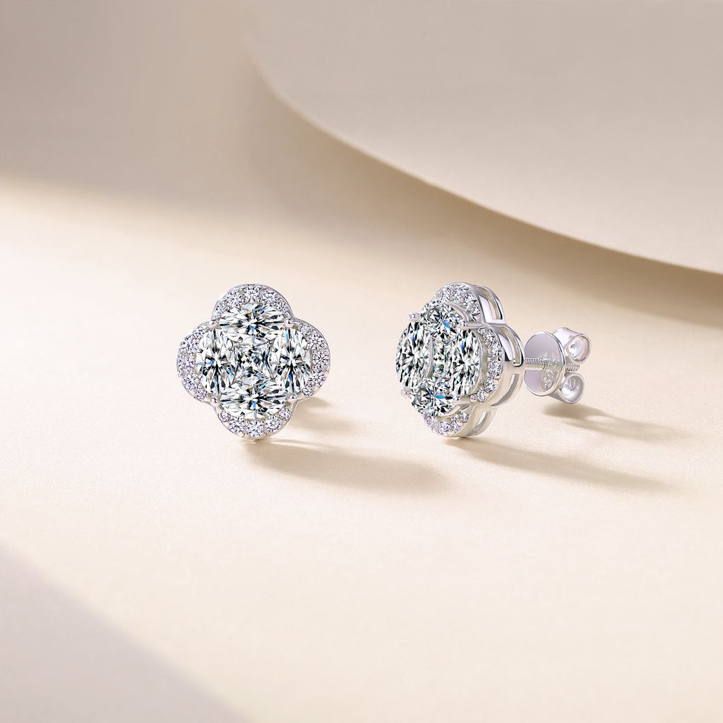 S925 Sterling Silver Four-Leaf Clover Stud Earrings, D-VVS1 Marquise Moissanite Cluster Halo, Platinum Plated 3.6g Women's Jewelry Gift Box