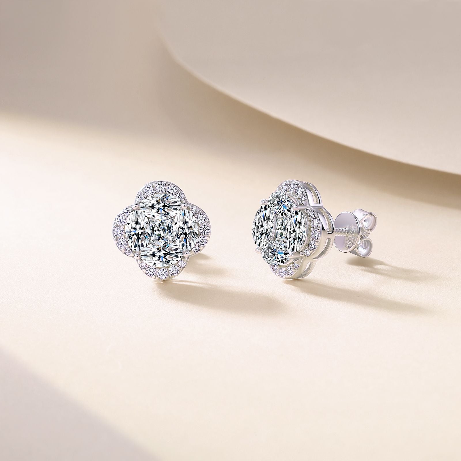 S925 Sterling Silver Four-Leaf Clover Stud Earrings, D-VVS1 Marquise Moissanite Cluster Halo, Platinum Plated 3.6g Women's Jewelry Gift Box