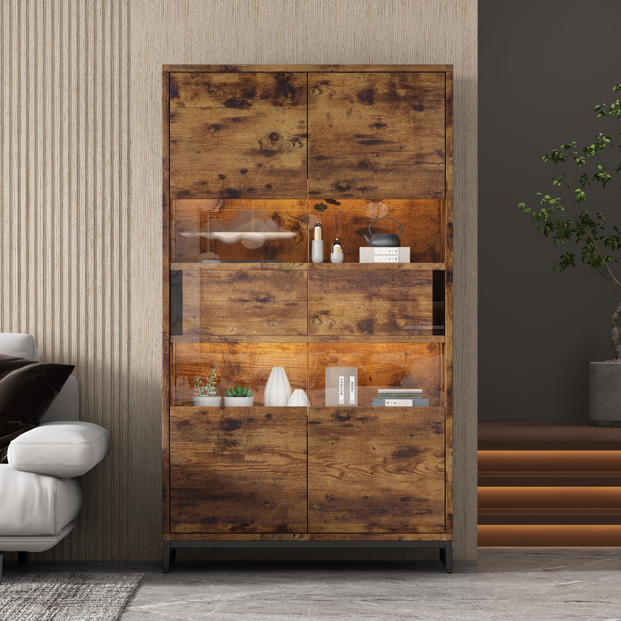 80X40X138cm Display Cabinet With LED Lighting Standing Display Cabinet,Display Cabinets With 2 Drawers, Storage Display Case With Acrylic Panel, Highboard, Wine Cabinets, Bookshelves With Plenty Of St