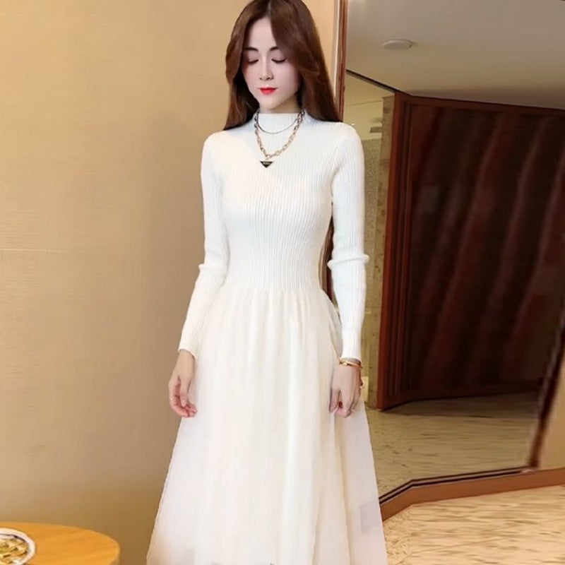 Knitted Patchwork High-Waisted Mesh Dress For Women