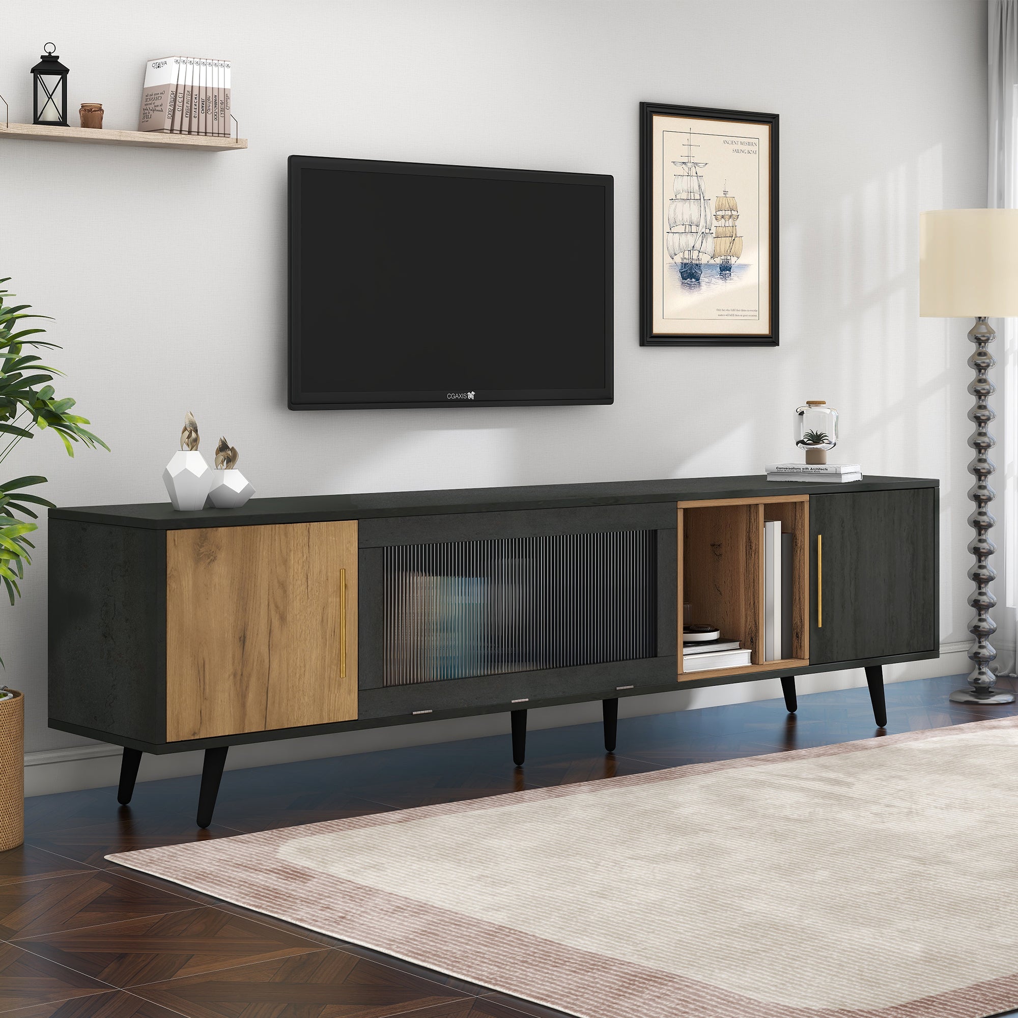 307691692GAA Elegant TV Cabinet, 200x40x55.5 Cm, Dark Wood, Grey And Wood Grain, Suitable For A 90 TV
