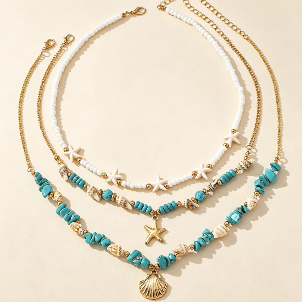 Turquoise Starfish Shell Multi-Strand Necklace