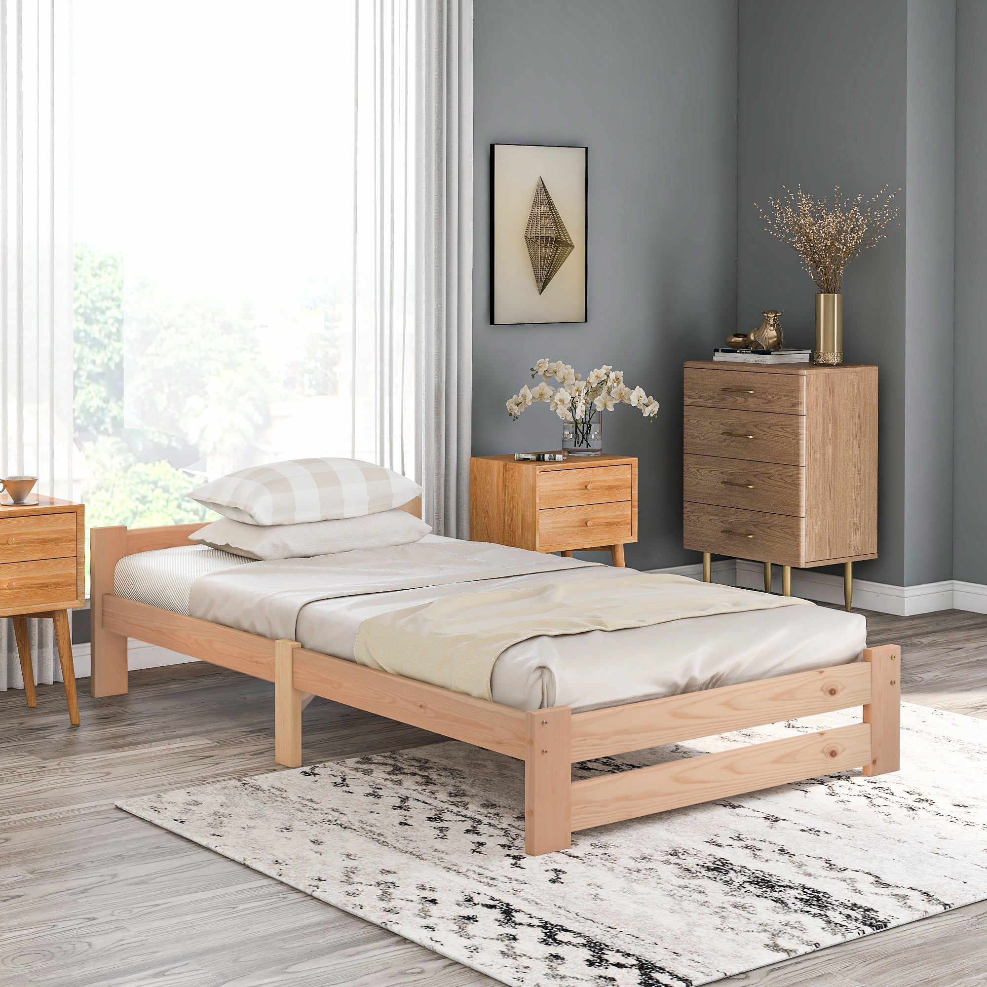 Solide Massivholzbett Futonbett Massivholz Natur Bett Aus Mit Kopfteil Und Lattenrost , Natur 200x90cm