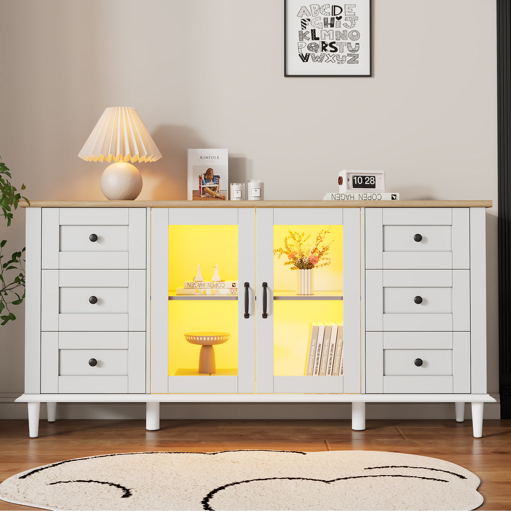 150X40X75cm Living Room Cabinet, Sideboards With 2 Acrylic Doors, 6 Drawer, LED Lights, Dining Room Cabinet, Wide Lockers, Versatile Sofa Side Cabinet, White-Wood Tone