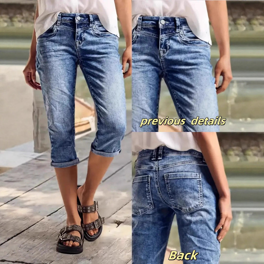 Crafted Wash Cuffed Hem Versatile Denim Mid-length Shorts