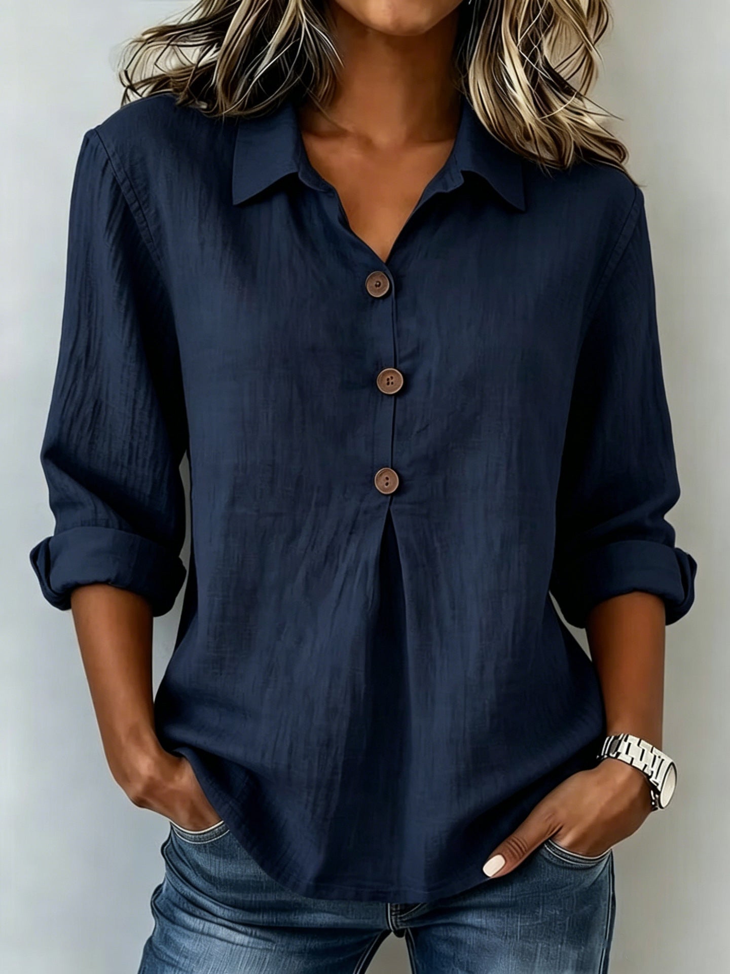 Cotton-linen Button-up Top Fashionable And Relaxed-fit Long-sleeve Shirt
