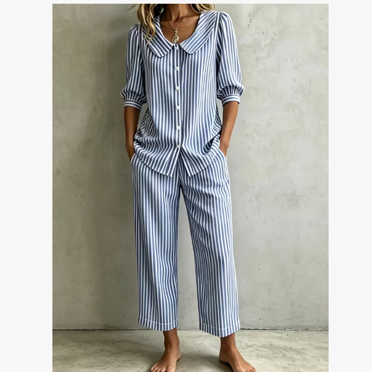 New Design Linen Striped Loose-fitting Shirt Set