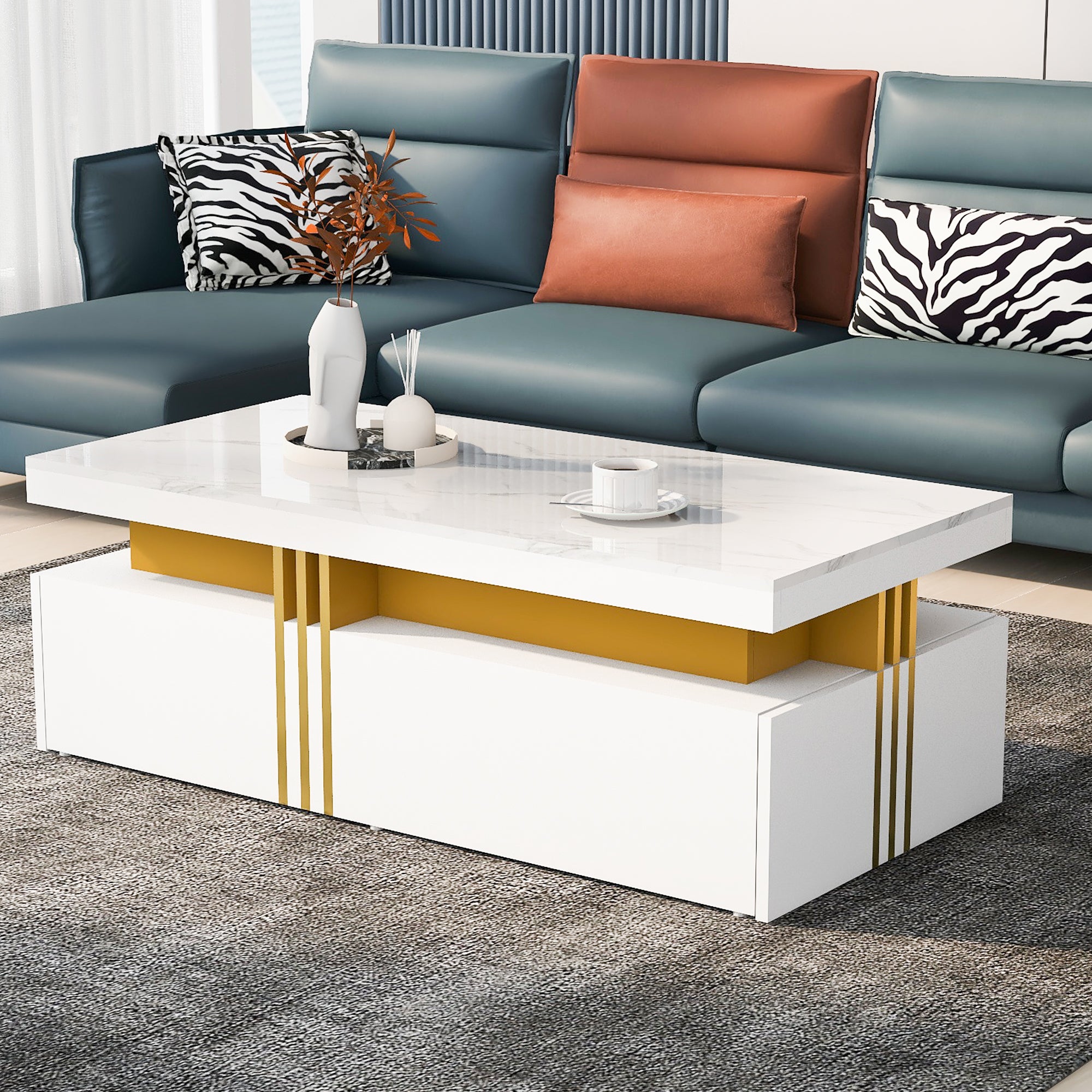 N625P173142W Changed Materials Modern Rectangular Coffee Table With High-gloss Top, 2 Wooden Drawers, Marbled Tabletop, For Living Room,