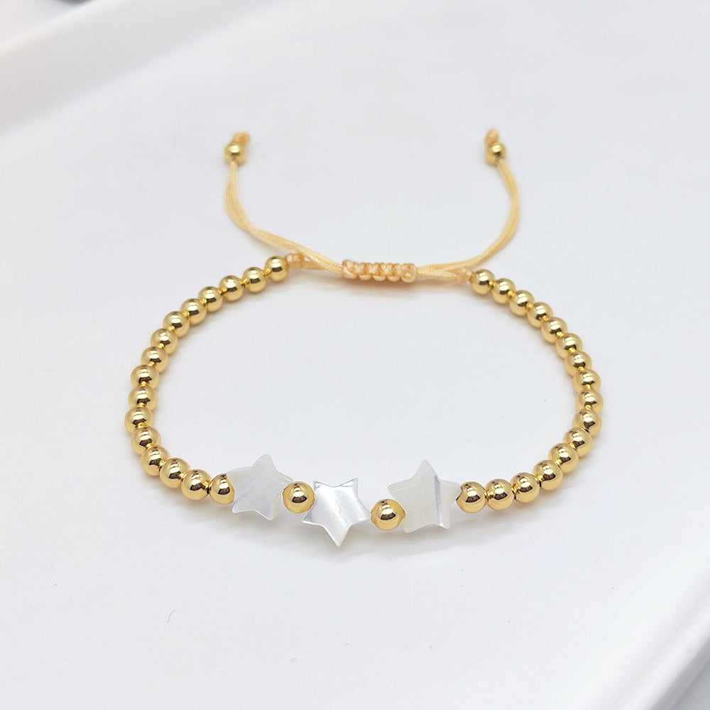 Womens Natural Shell Cross Beaded Copper-Gold-Plated Bracelet