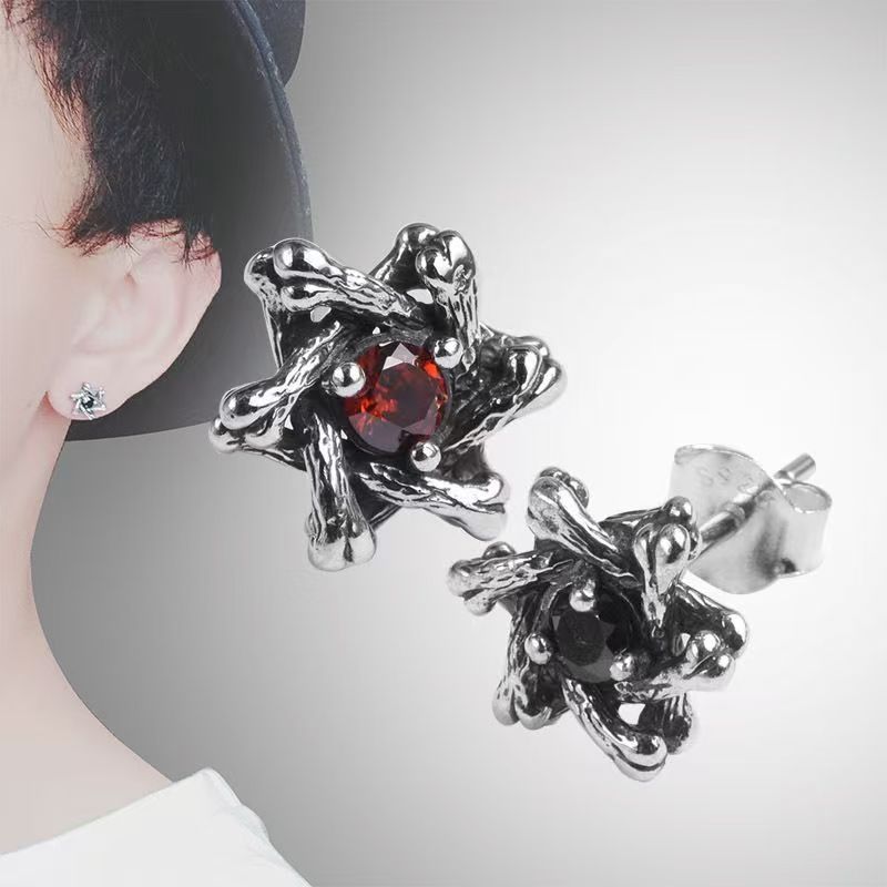 High-End Men's Hexagram Zircon Vintage Black Stud Earrings, American Retro Style Elegant Single Ear Jewelry For Guys