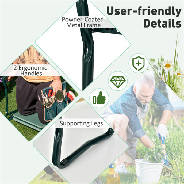 Green 2-in-1 Garden Folding Stool Kneeler, 300LBS Capacity & Built-in Tool Pouch