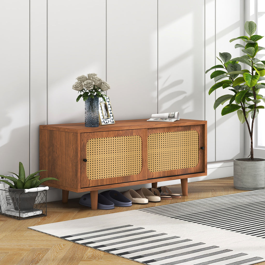 Rattan Shoe Cabinet With 2 Doors With Adjustable Shelf Walnut Color Shapely Shoe Cabinet For Hallway, Living Room And Bedroom, 104x40x48 C