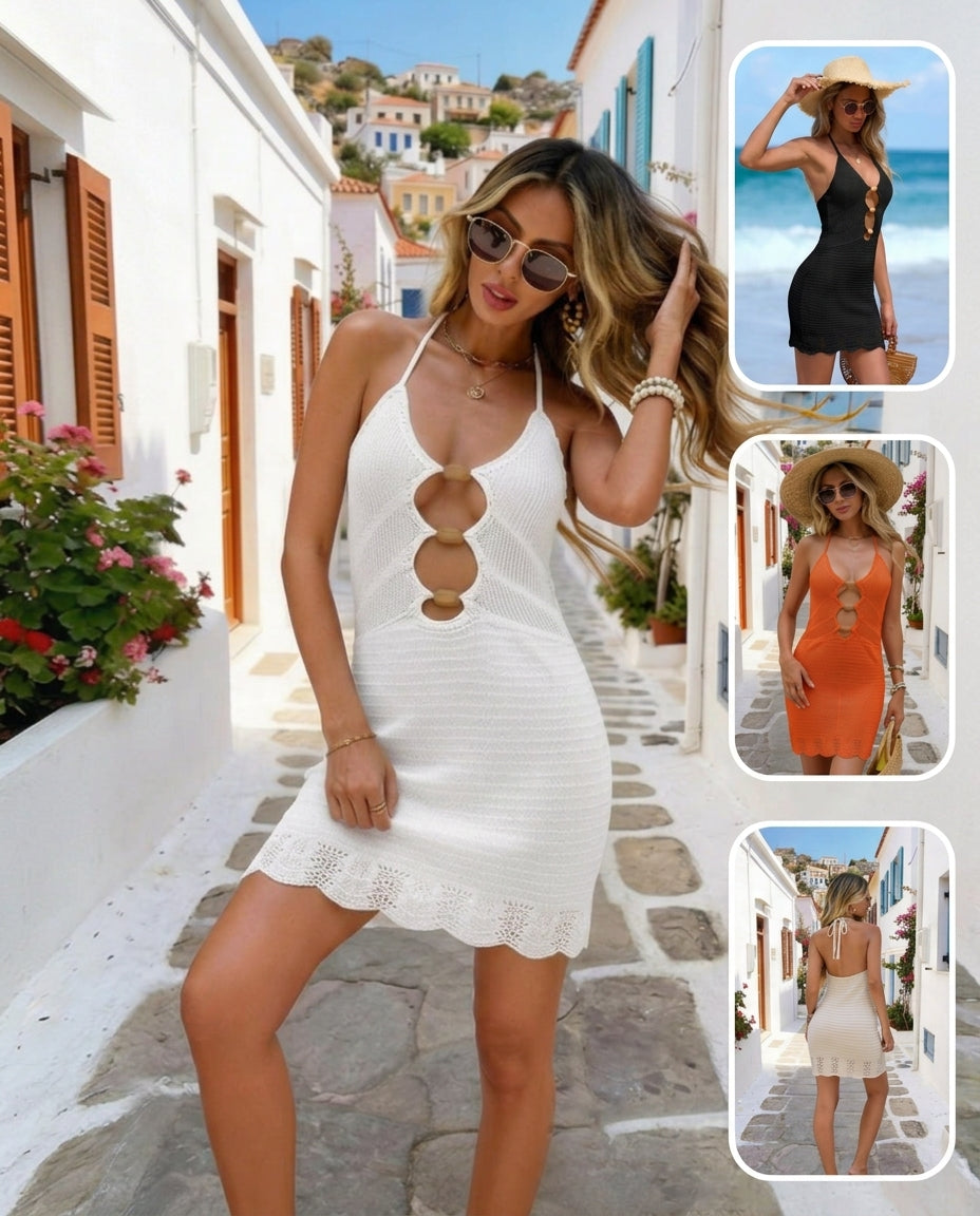 2026 New Cross-Border Beach Dress, Waist Cinching Sundress With Wooden Bead Embellishments, Spaghetti Strap Bikini Cover Up