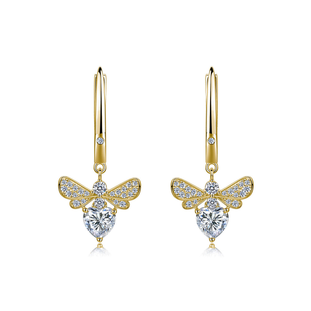 S925 Sterling Silver Heart Moissanite Wing Dangle Earrings, 6mm D-VVS1 Heart Cut Stone, Platinum Plated 3.9g Women's Jewelry Gift Box