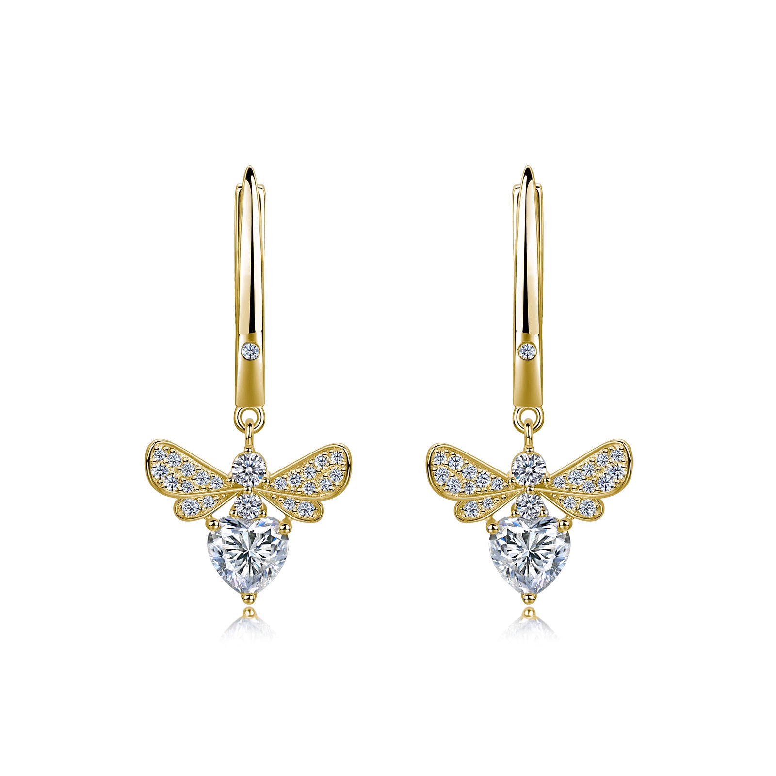 S925 Sterling Silver Heart Moissanite Wing Dangle Earrings, 6mm D-VVS1 Heart Cut Stone, Platinum Plated 3.9g Women's Jewelry Gift Box