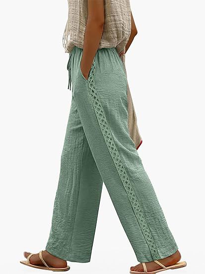 Womens Drawstring-waist Patchwork-lace Casual Loose-fitting Wide-leg Pants With Pockets