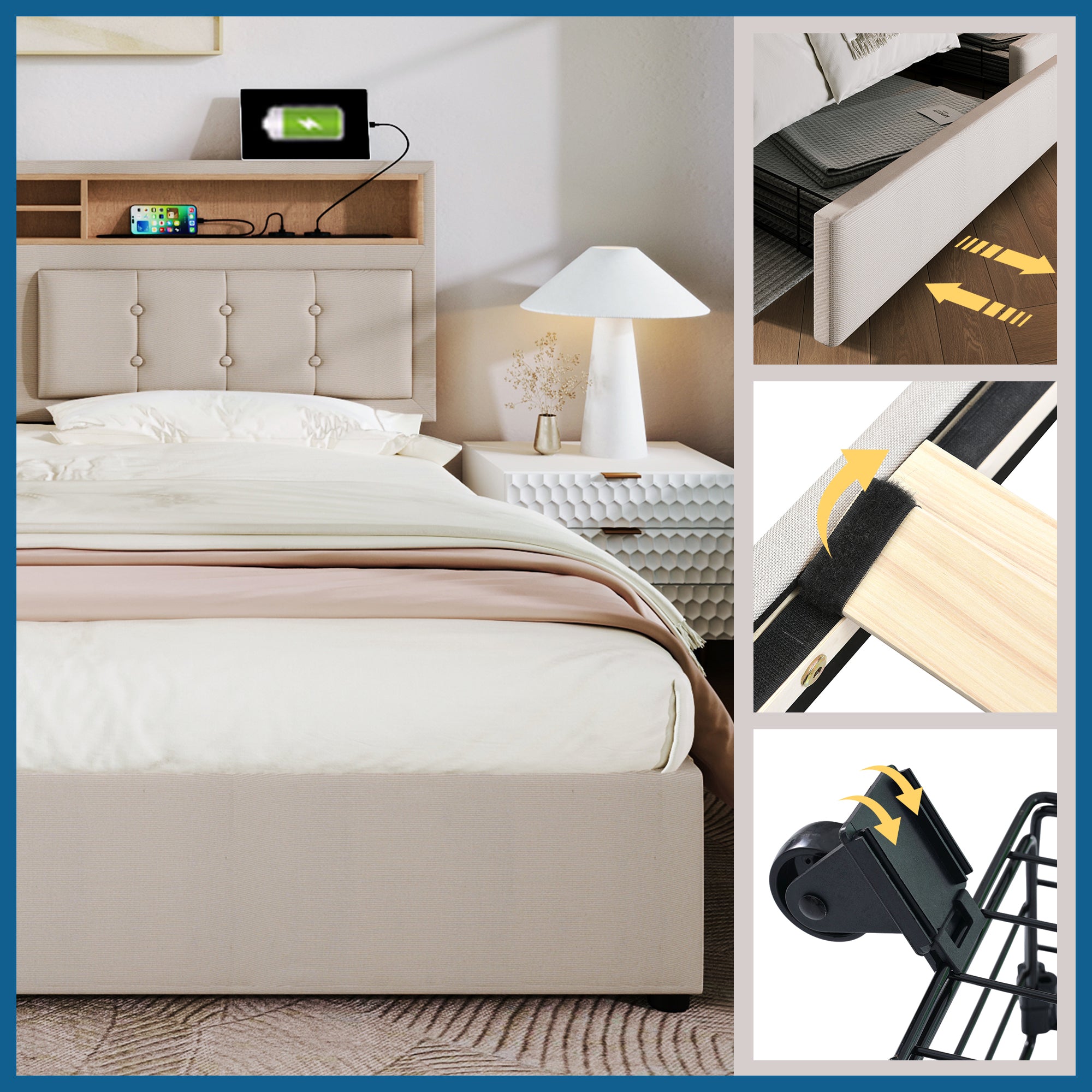 Double Bed With 4 Drawers & USB C Socket, Upholstered Bed 140x200cm, Height-adjustable Headboard, Wooden Slatted Frame  Without Mattress