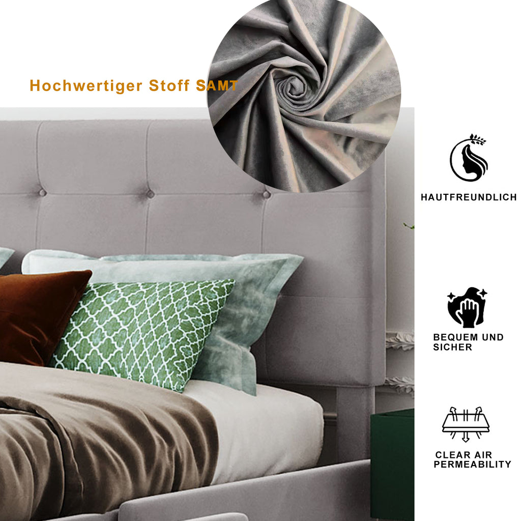 Upholstered Bed 140 X 200 Cm, Double Bed With Drawers, Slatted Base, And Headboard, Skin-Friendly Velvet Double Bed For Adults And Teenagers, Grey Mattress Not Included