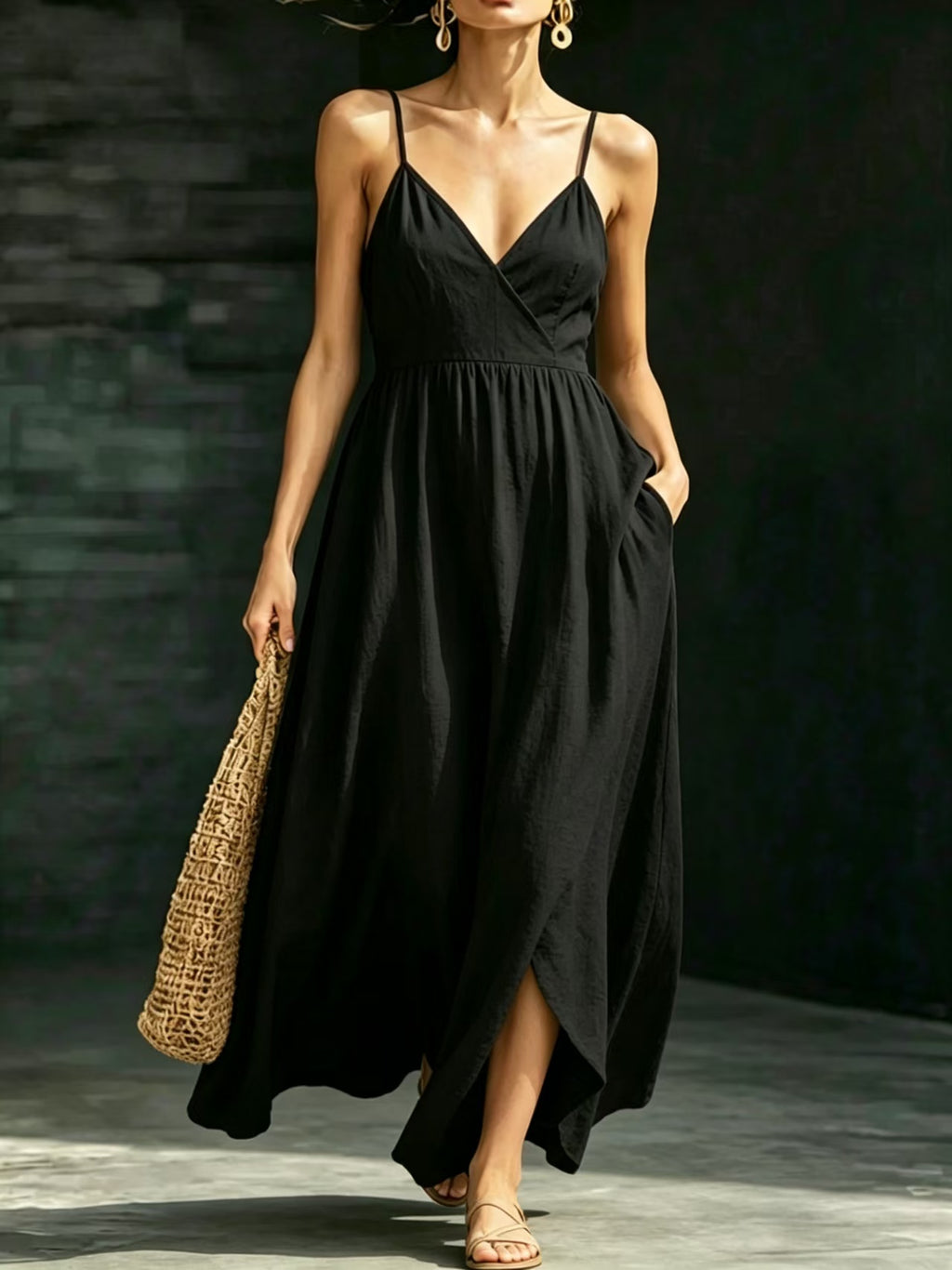 Women's Summer V-Neck Slip Dress With Pockets, Waist-Cinching Slim Elegant Midi Dress