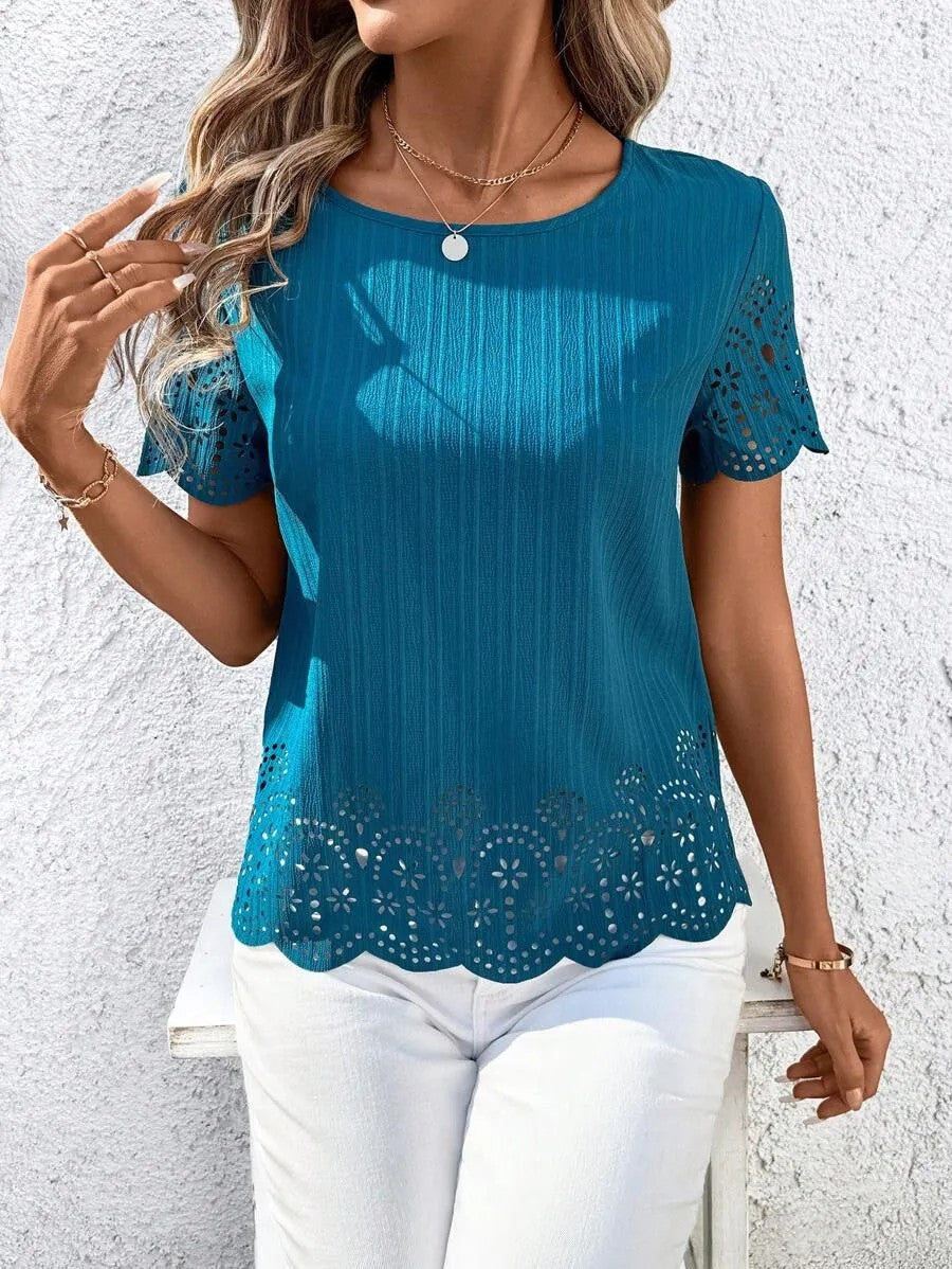 European And American Plus Size Womens Round Neck Hollow Out Short Sleeve Top With Burned Out Floral Design