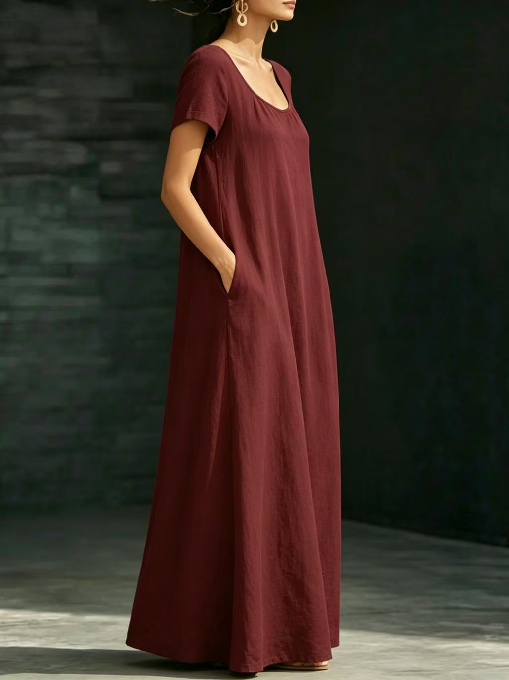 Summer Dress U-neck Short-sleeve Loose Casual Pure Color Full-skirted Long Dress
