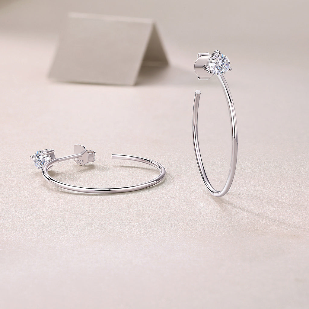 S925 Sterling Silver Long Hoop Earrings, 0.6ct D-VVS1 Moissanite, Platinum Plated 2.6g Women's Minimalist Jewelry Gift Box