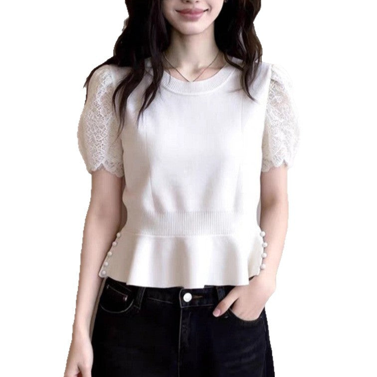 Fashionable And Elegant Patchwork Lace Short-sleeve Knit Top