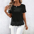 European And American Plus Size Womens Round Neck Hollow Out Short Sleeve Top With Burned Out Floral Design