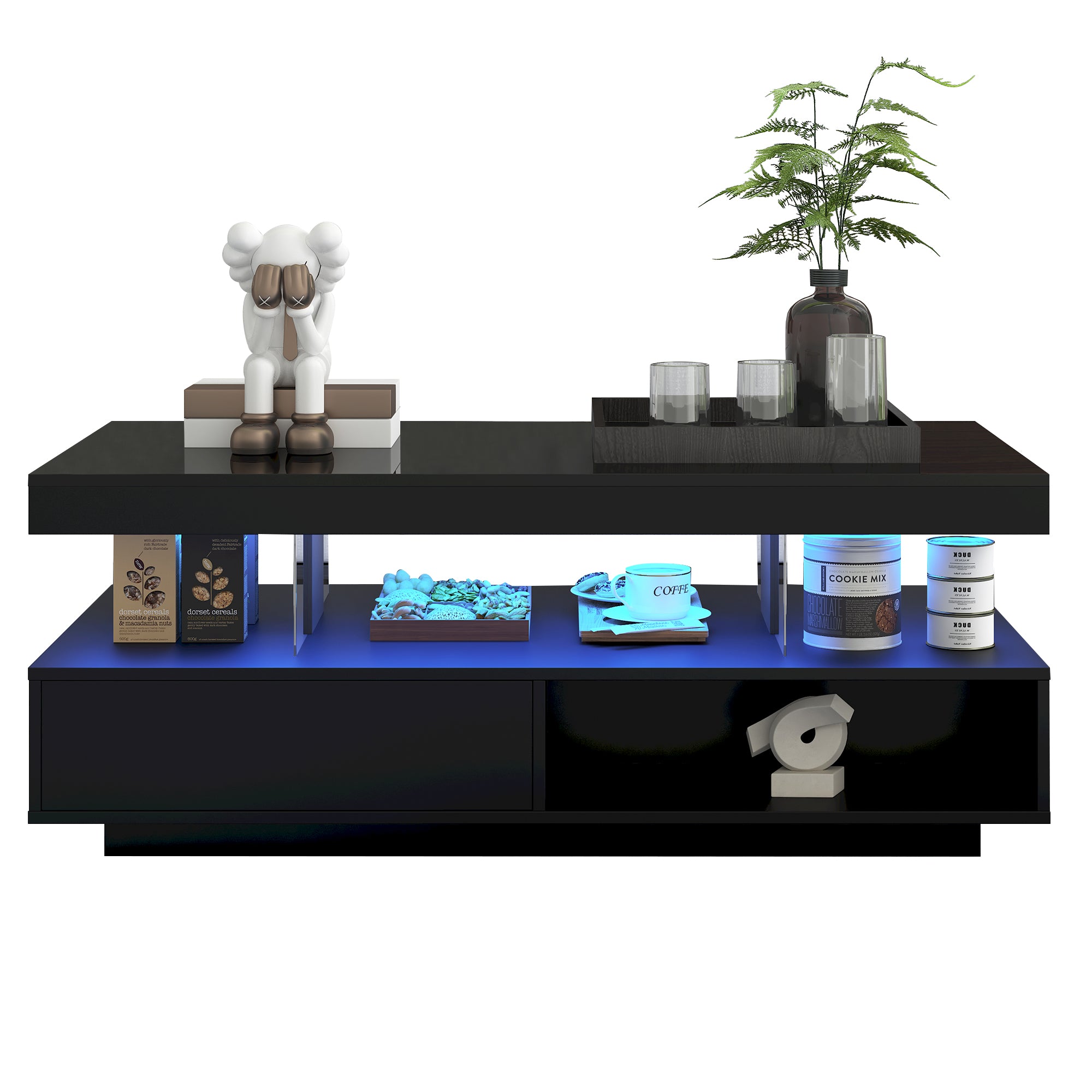 Schwarzer Hochglanz-Couchtisch 95x50x42,5 Cm - Mit 4 Glasplatten, 2 Schubladen Und 2 Offenen Fachern, Unterschrank Fur Wohnzimmer, Couchtisch