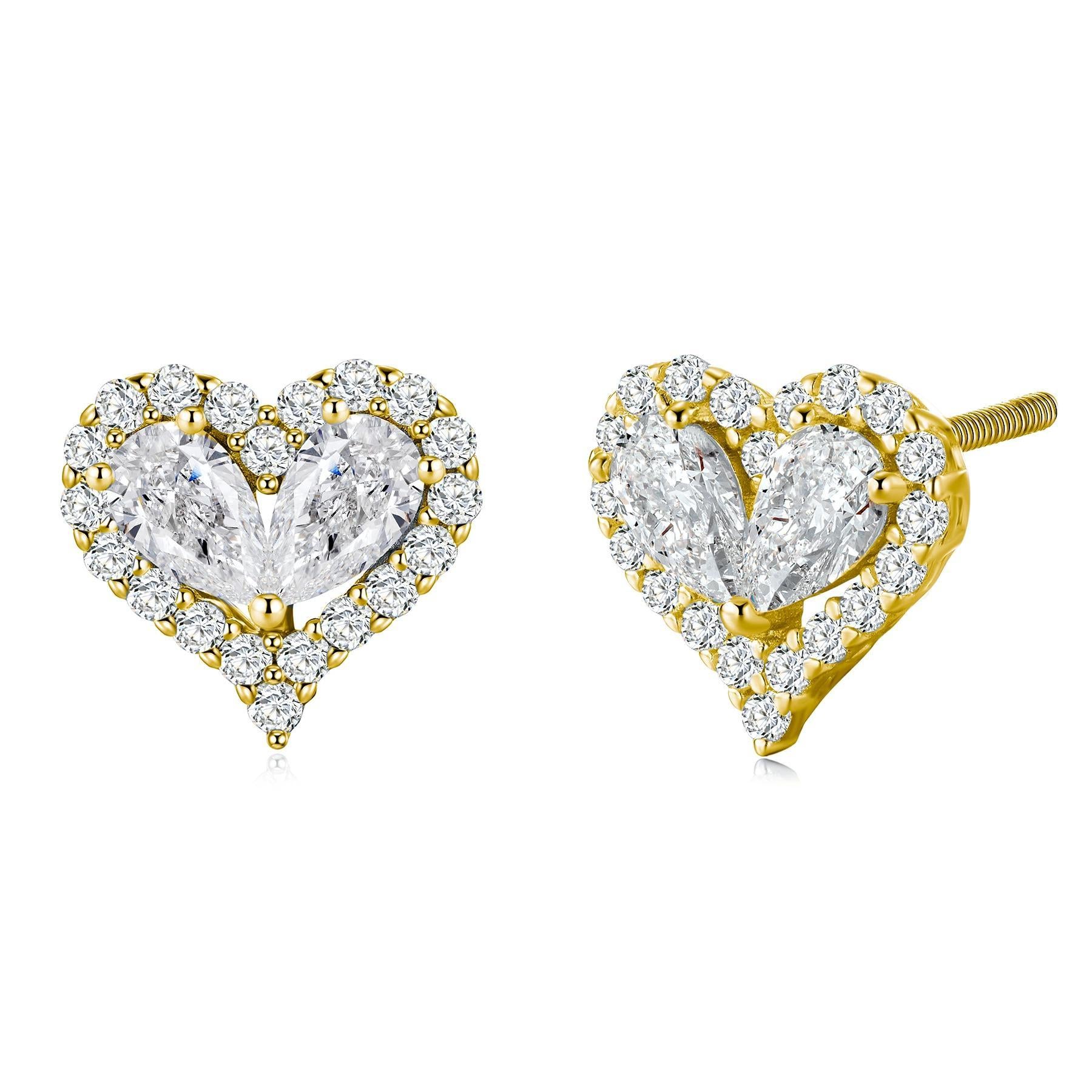 S925 Sterling Silver Heart Moissanite Stud Earrings, 3x5mm D-VVS1 Two-Stone Halo, Platinum Plated 1.9g Romantic Jewelry Gift Box