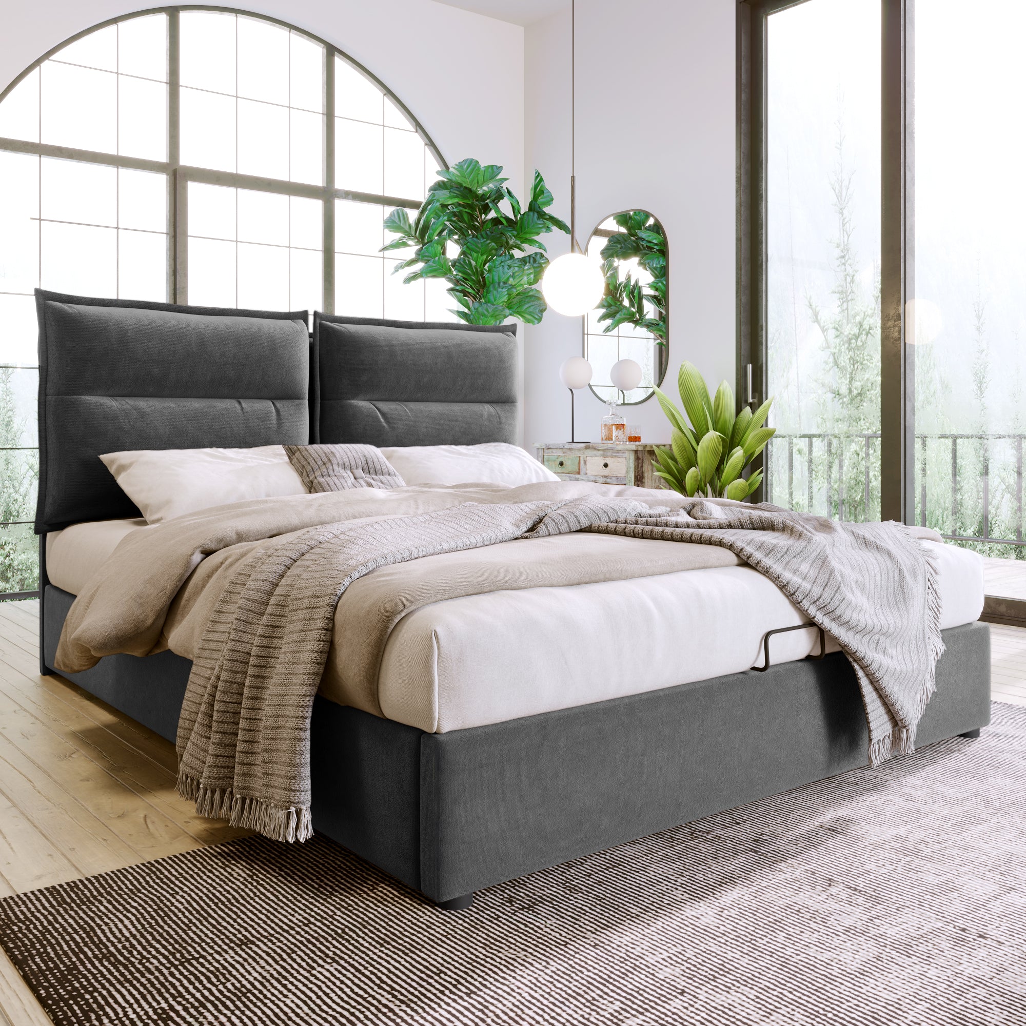 Hydraulic Double Bed Upholstered Bed 140x200cm,Adjustable Headboard, Bed With Metal Frame In Metal Frame, Velvet, Modern Bed Frame With Storage Space, Large Storage Space, Grey Without Mattress