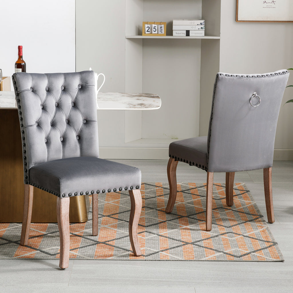 Dining Chair Kitchen Chair Living Room Chair With Unique Door Clamp On The Back, 2 Pieces, Upholstered Chair With Nail Head Occupation, Legs Made Of Solid Wood, Velvet Cover, Grey